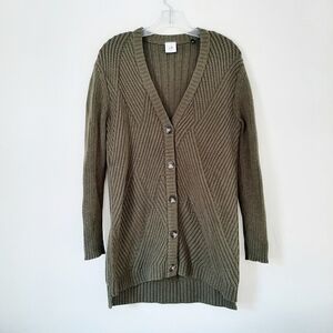 CAbi Aerial Button Front Cardigan Ribbed Knit Sweater Olive Green XS 3536